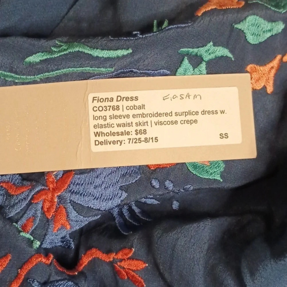 Chloe Oliver Cobalt Long Sleeve Embroidered Surplice Dress w/ Elastic Waist SSS - Picture 6 of 8